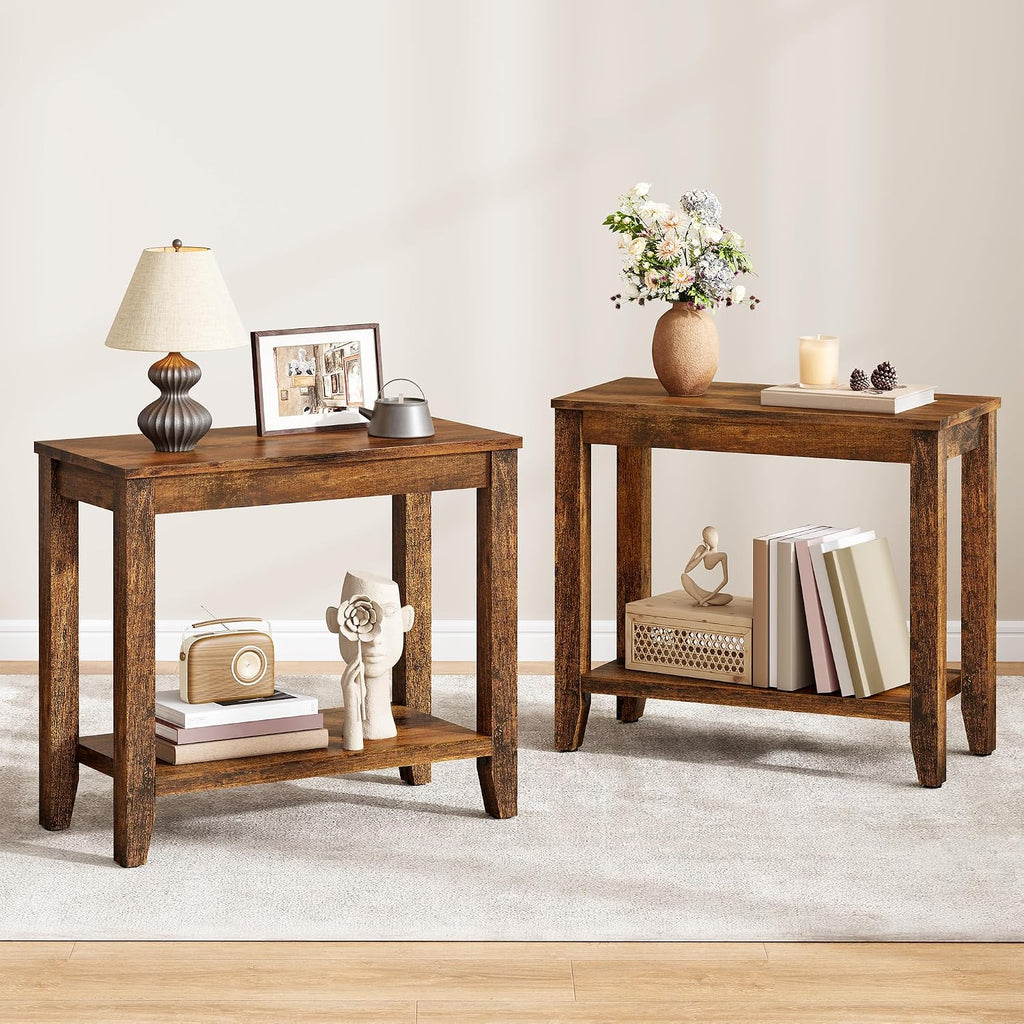 Hoctieon End Table with Double Storage Shelves, Sturdy Wooden Side Table for Living Room, Bedroom, Modern Nightstand Sofa Table for Small Spaces, Rustic Brown, Set of 2