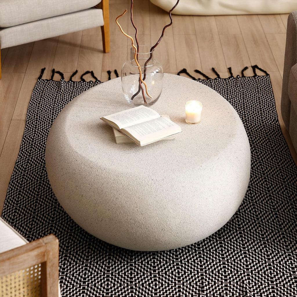 43.3' Oval Coffee Table for Living Room, Modern Faux Stone Center Table, Minimalist Accent Fiberglass Tea Table for Office Apartment, No Need Assembly, Cream White