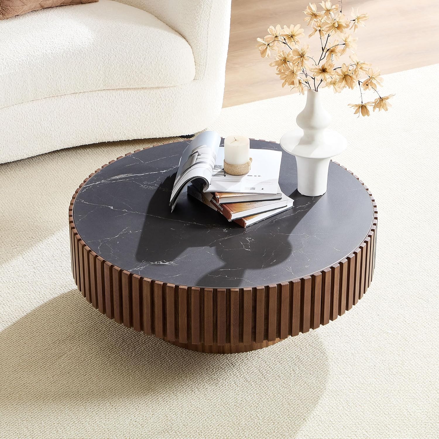 35.43'' Round Coffee Table with Faux Marble Tabletop, Modern Drum Center Coffee Tables Luxury Circle Coffee Table for Bedroom,Apartment,Living Room-Walnut