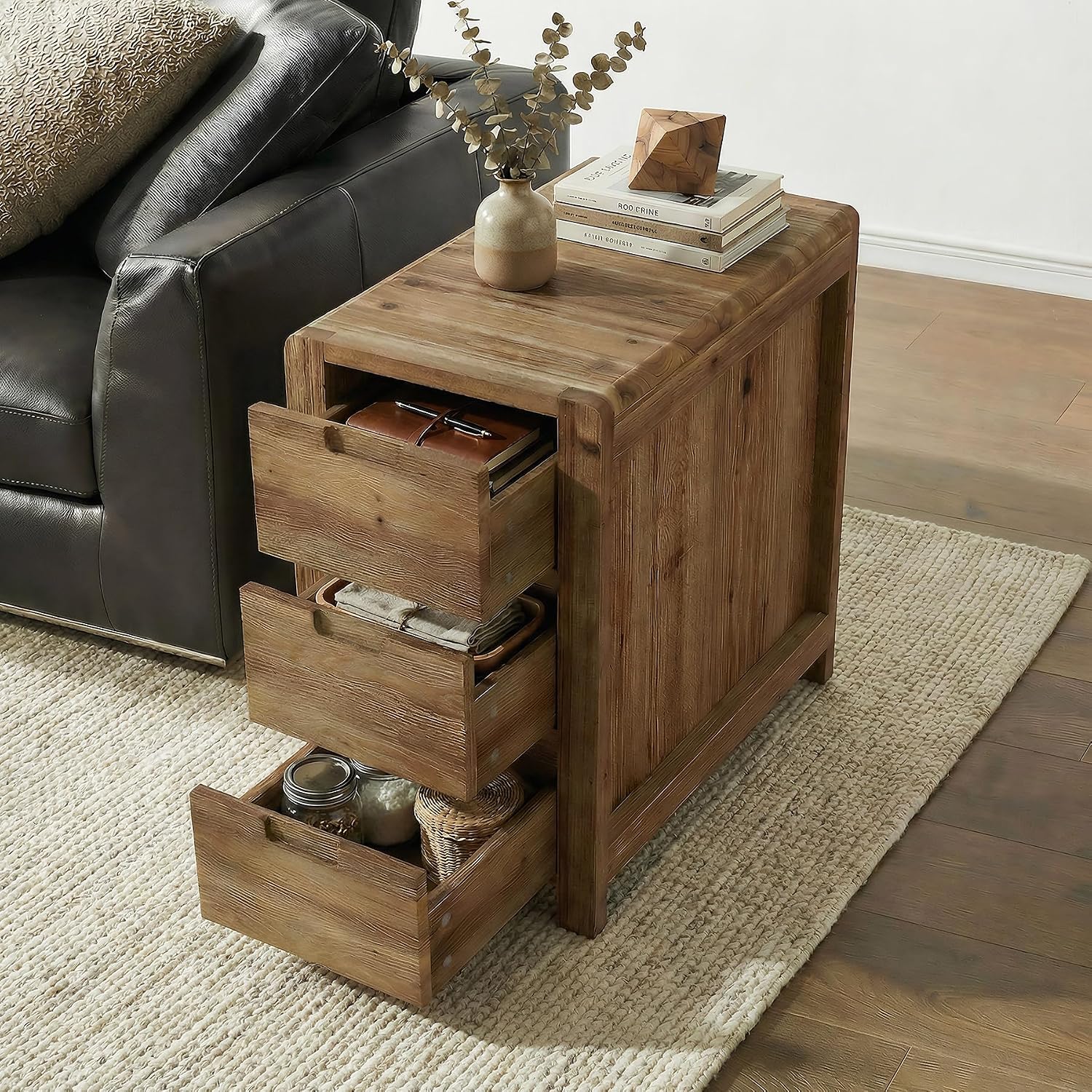 LITTLE TREE 3-Drawer Real Wood End Table, Narrow Side Table with Storage Drawers, Solid Wood Sofa Side Table for Living Room, Slim Nightstand Bedside Table for Bedroom, Natural Wood Color