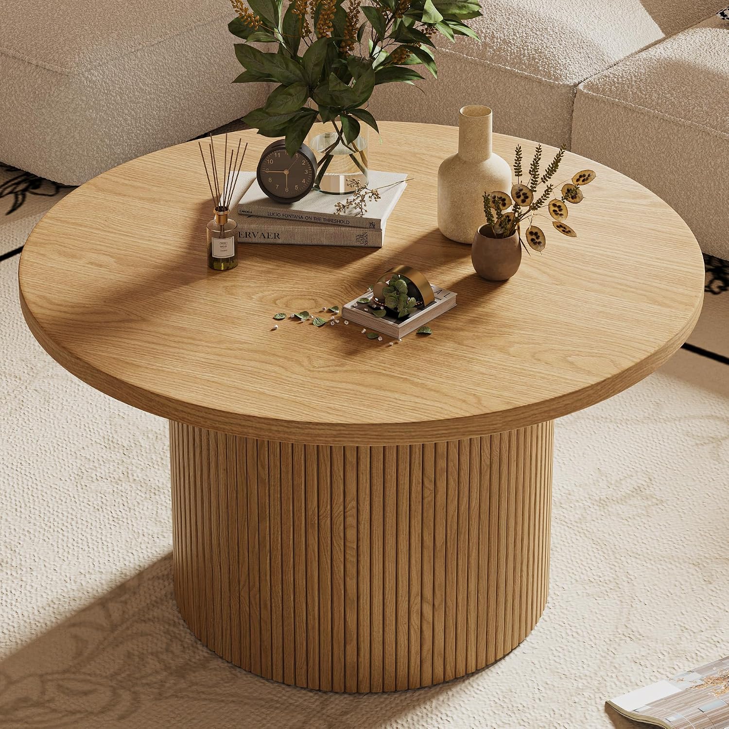 MAISONARIA Round Coffee Table with Metal Frame, 35.4' Coffee Tables for Living Room, Circle Wood Accent Center Table for Apartment, Oak