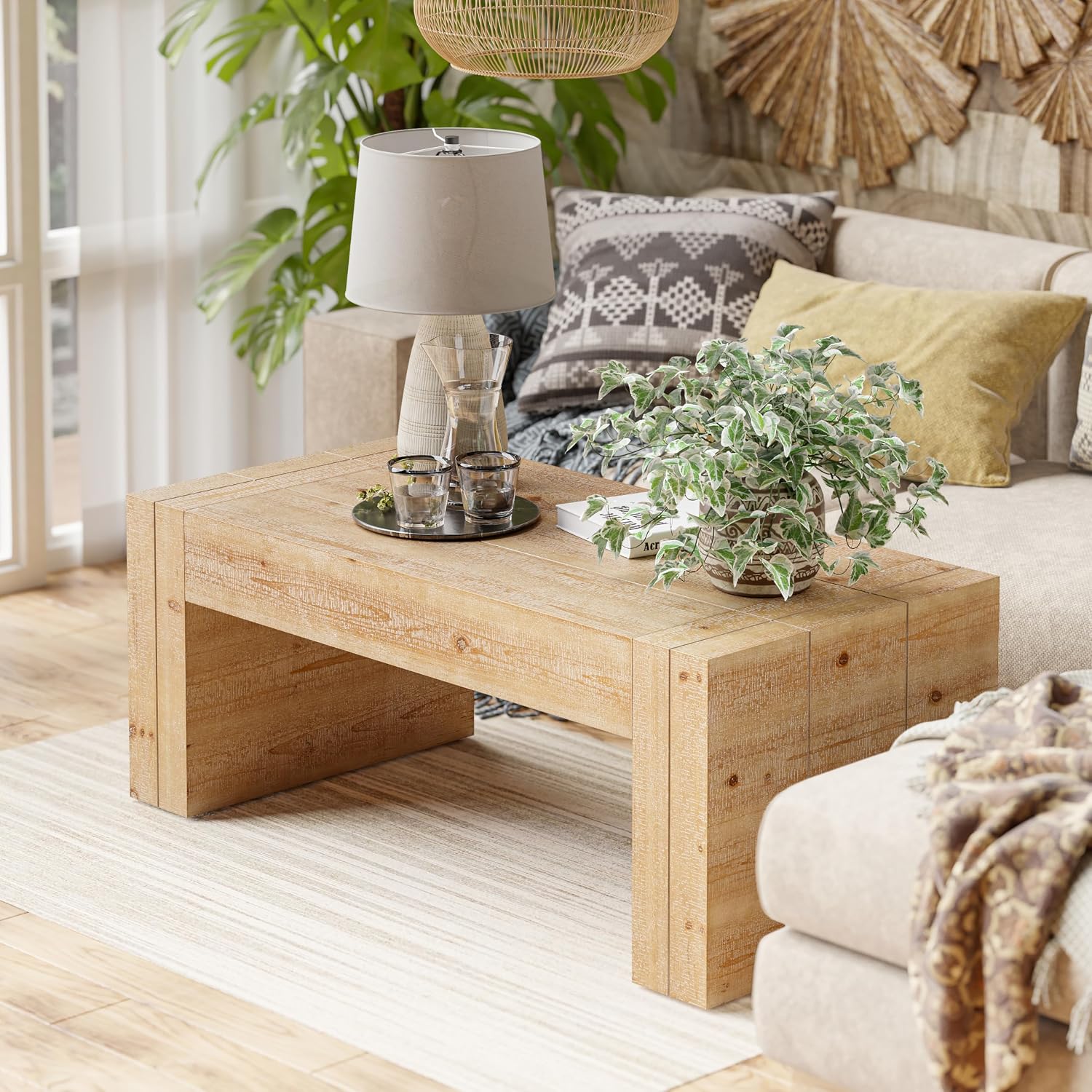 COZAYH Modern Rustic Wood Coffee Table with Thick Legs, Rectangular Living Room Center Table, Natural Finish Design, Sturdy Farmhouse Style for Home Decor, Office, Brown