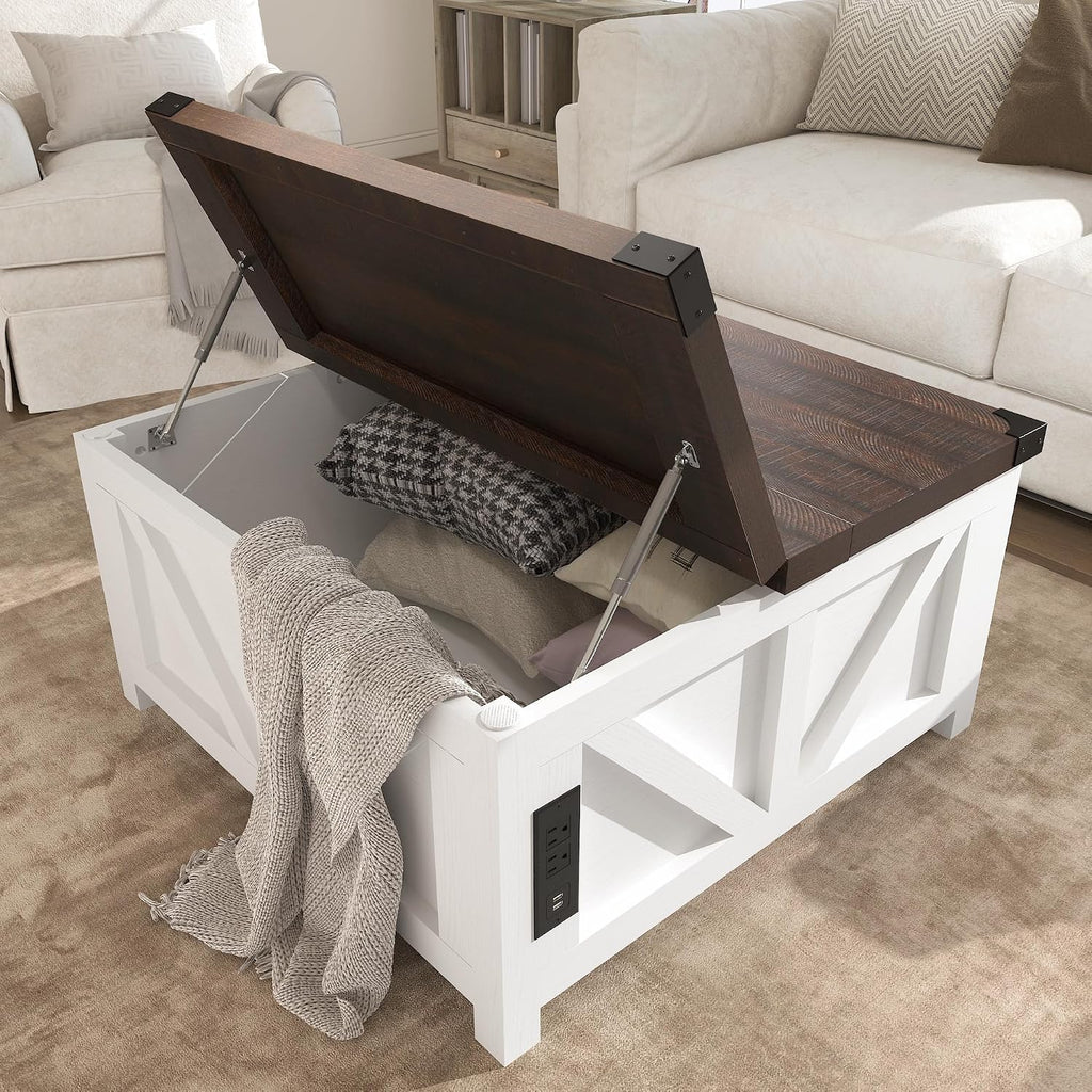 jimeimen Farmhouse Lift Top Coffee Table with Storage, Wood Square Center Table with Charging Station&USB Port, Living Room Table w/Large Hidden Space, for Living Room, Bedroom, Home Office, White