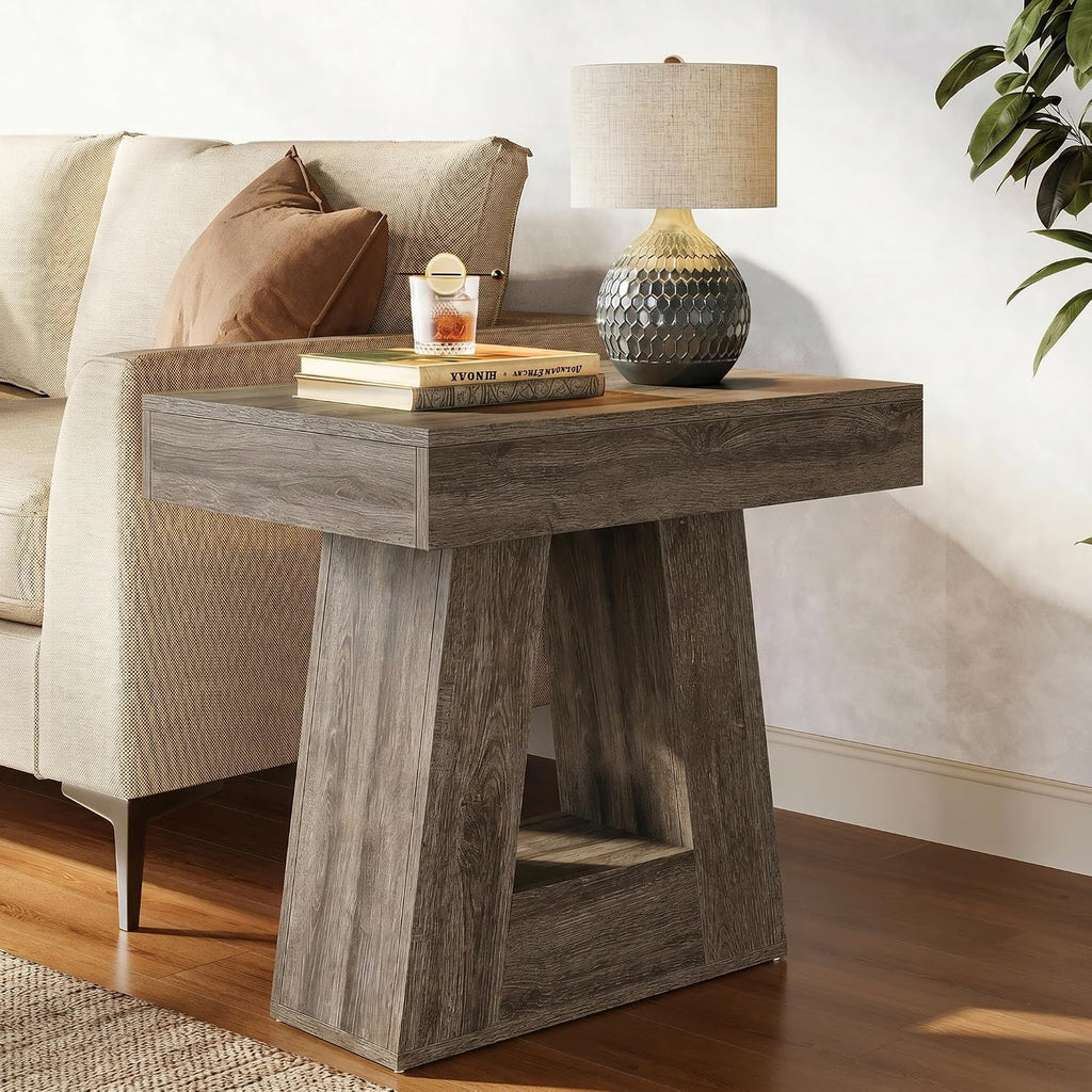 Tribesigns 24' Modern Side Table, 2-Tier Narrow Wooden End Table with Trapezoid Base, Farmhouse Small Nightstand for Living Room, Bedroom (1, Gray)