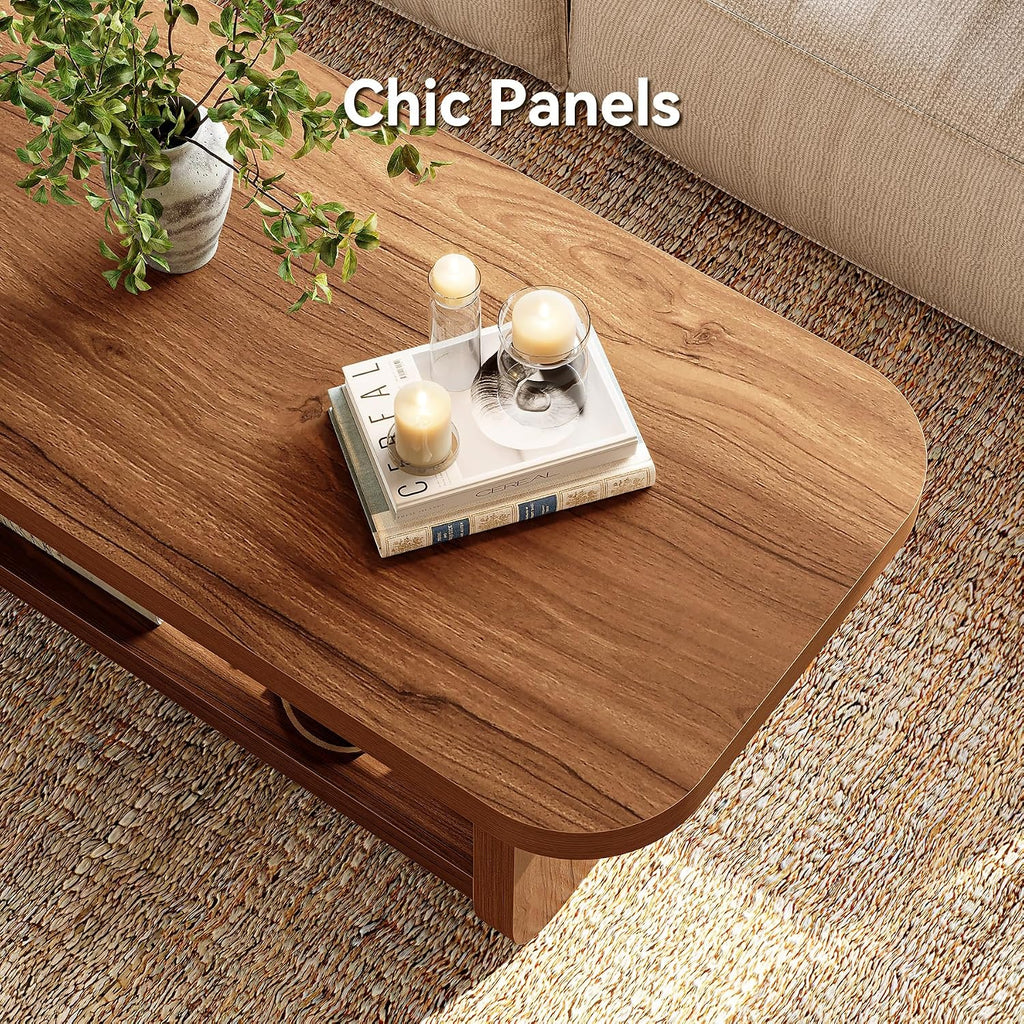 LITTLE TREE Wooden Coffee Table, 47.2' Center Table with Storage, Modern Farmhouse Rectangle Living Room Tables with Rounded Corners for Living Room, Bedroom, Kids Room, Home Office, Brown