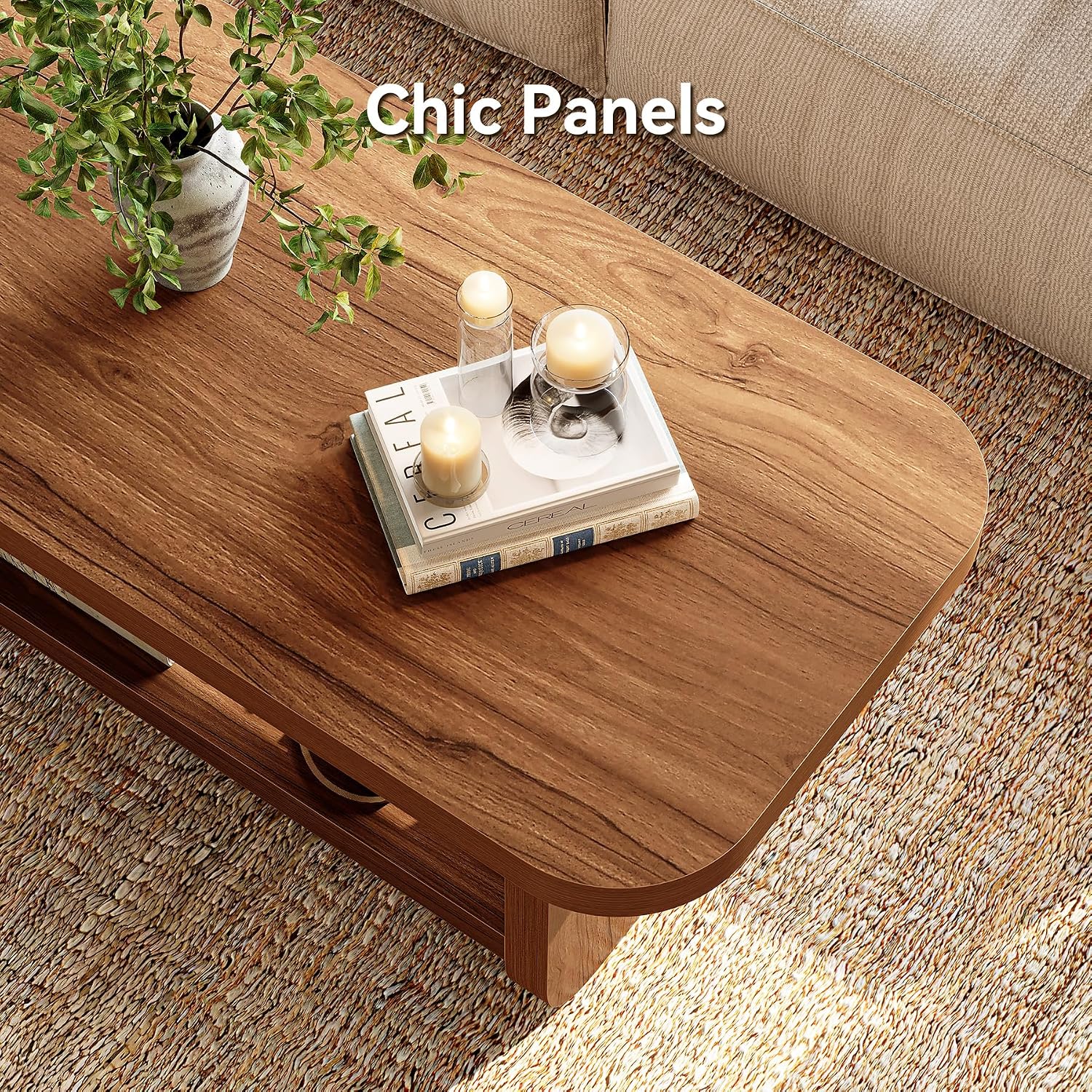 LITTLE TREE Wooden Coffee Table, 47.2' Center Table with Storage, Modern Farmhouse Rectangle Living Room Tables with Rounded Corners for Living Room, Bedroom, Kids Room, Home Office, Brown