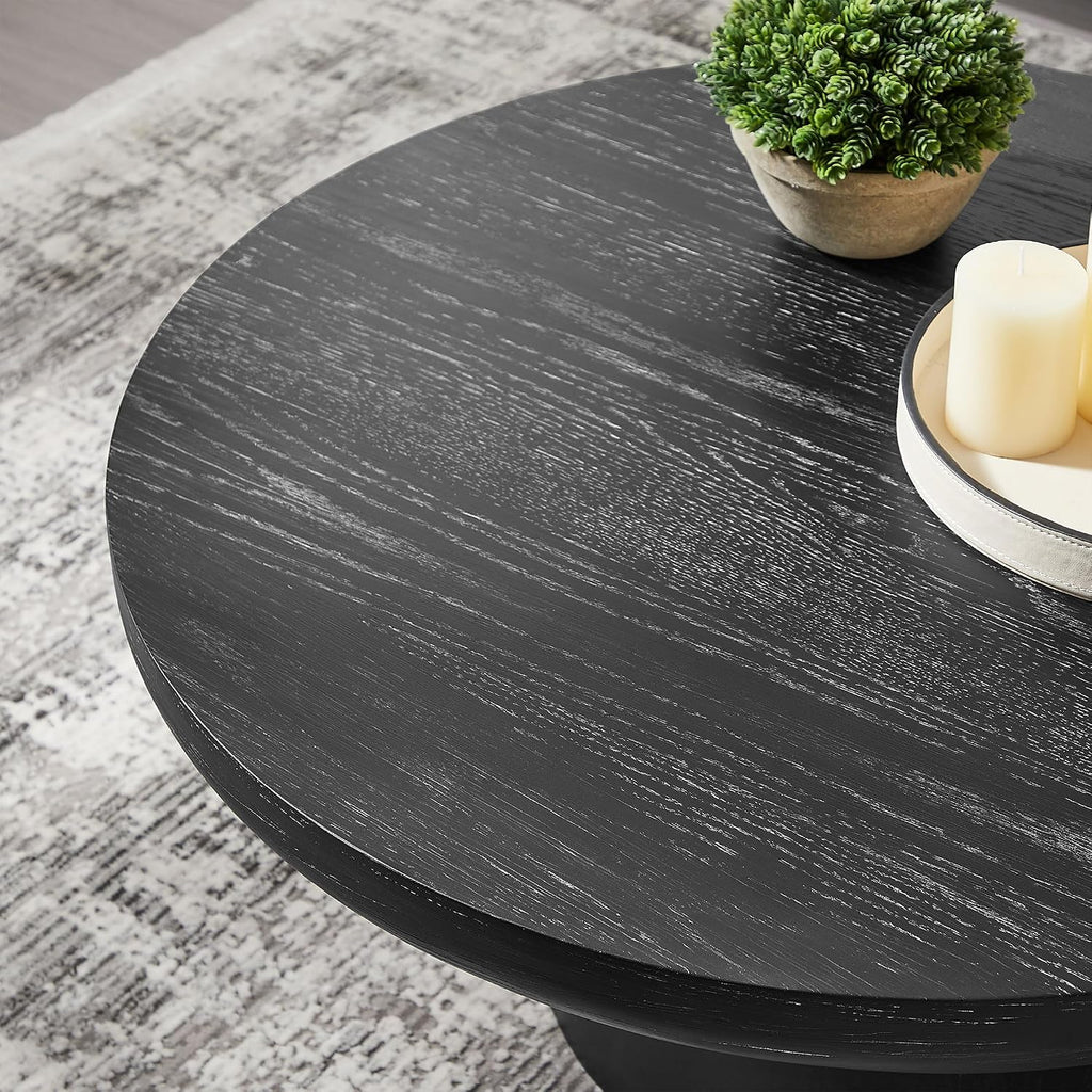 35.98'' Round Coffee Table, Circle Wood Black Coffee Table for Living Room, Modern Retro Style Pedestal Coffee Table, Easy Assembly, Black-ø35.98''