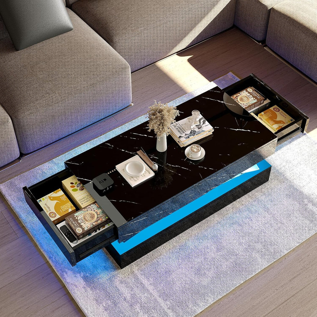 HOMFAMILIA LED Coffee Table with 2 Storage Drawers, Modern High Gloss Black Coffee Table w/20 Colors LED Lights, 2 Tiers Rectangle Center Table for Living Room with Marbling Print, APP Control, Black