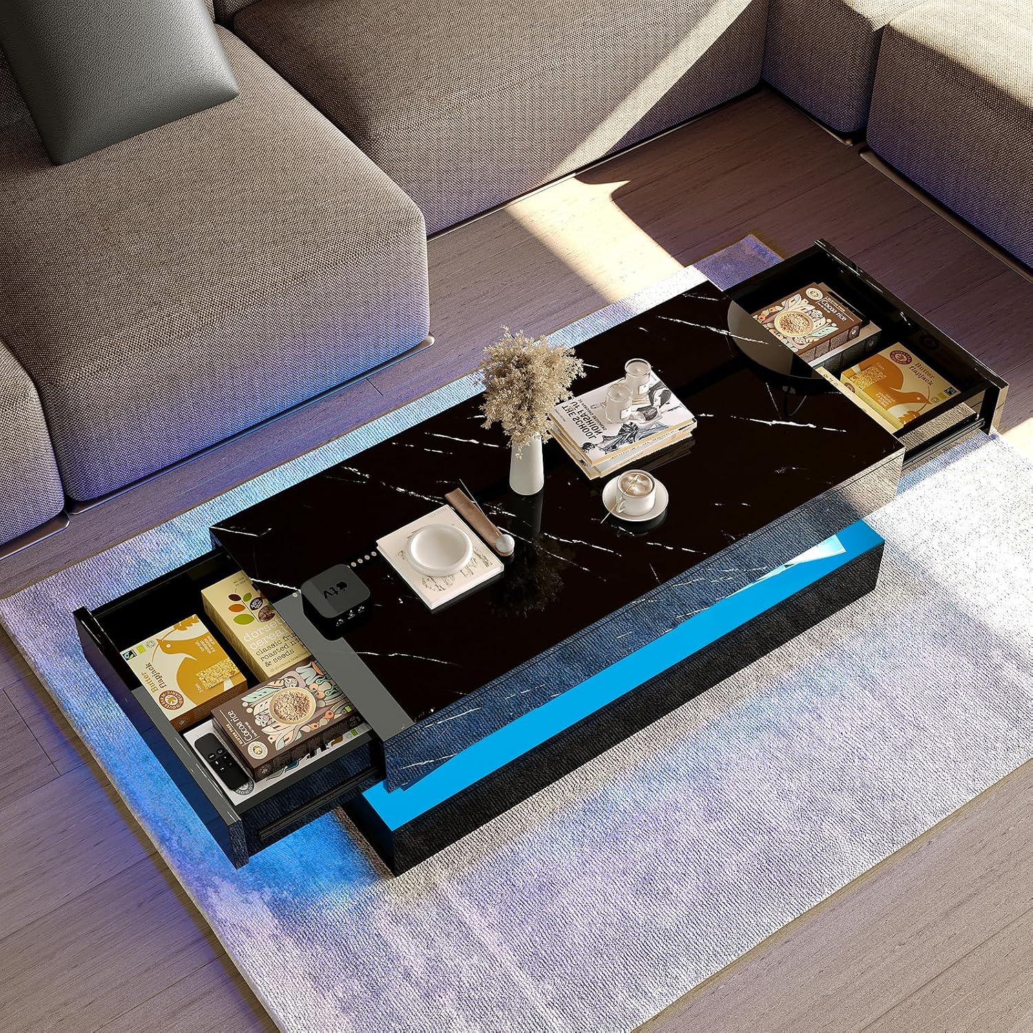 HOMFAMILIA LED Coffee Table with 2 Storage Drawers, Modern High Gloss Black Coffee Table w/20 Colors LED Lights, 2 Tiers Rectangle Center Table for Living Room with Marbling Print, APP Control, Black