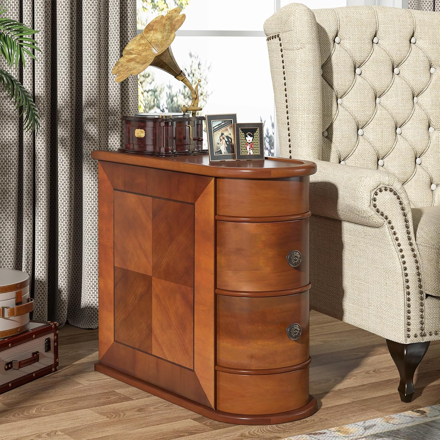 Tribesigns Wood End Table, 2-Drawer Narrow Side Table Slim Chair Solid Side Table, No Assembly Required, Finished Back | Slim