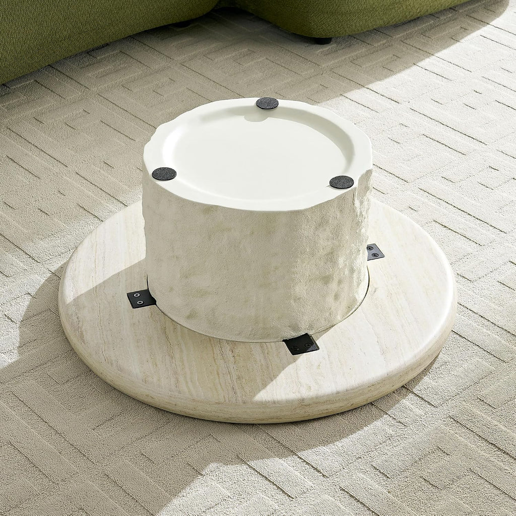 Round Coffee Table, 35.04' Fiberglass Imitation Stone Table Cement Rock Center Table for Living Room Apartment Office, No Need Assembly