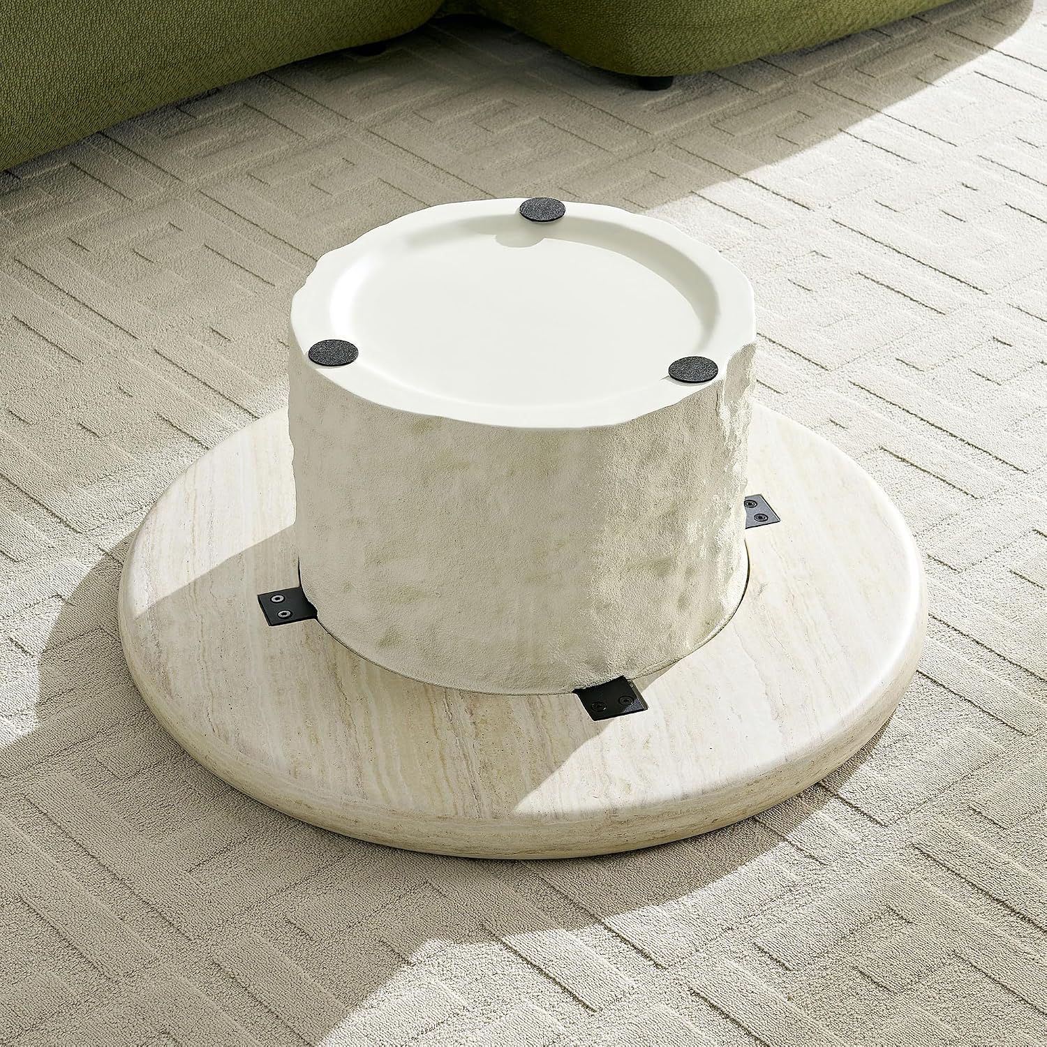 Round Coffee Table, 35.04' Fiberglass Imitation Stone Table Cement Rock Center Table for Living Room Apartment Office, No Need Assembly
