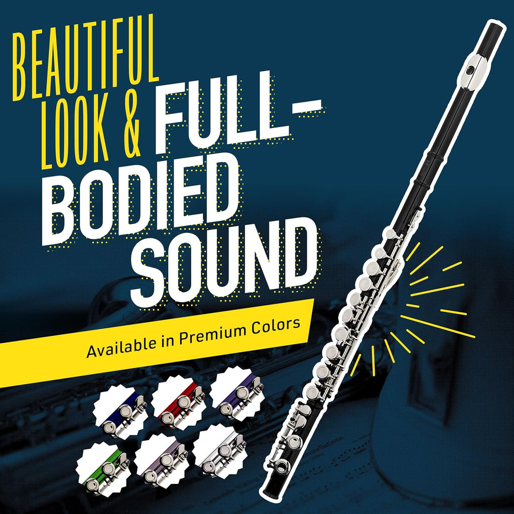 Mendini By Cecilio Flute, 16 Keys C Flute Instrument Closed Hole For Beginners with Carrying Case, Cork Grease, Stand, Lesson Book, Cleaning Kit, Gloves (Black)