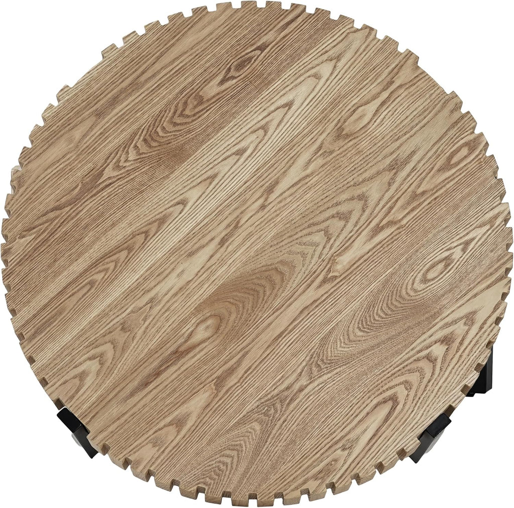 Christopher Knight Home Sol 31.5'' Modern Round Coffee Table, Indoor Living Room Side Table, Wooden End Table with Cross Metal Base, Unique Gear Motifs and Fluted Edges, Black + Natural