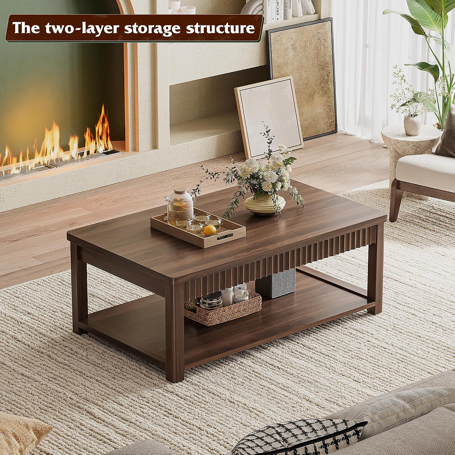 Homkdom Coffee Table, 39 Inch Modern Coffee Tables for Living Room with 2-Tier Storage & Wave-Edge, Walnut Center Table for Bedroom/Office