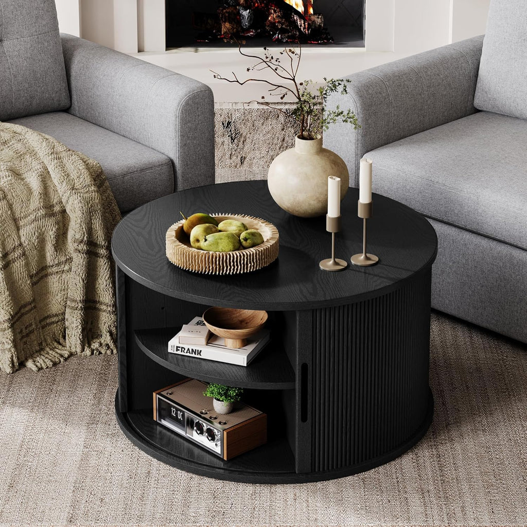 LINSY HOME Round Coffee Table, 31.5' Drum Coffee Table with Sliding Tambour Door, Fluted Accent Center Table with Storage, Mid Century Modern Coffee Table for Living Room (Black)