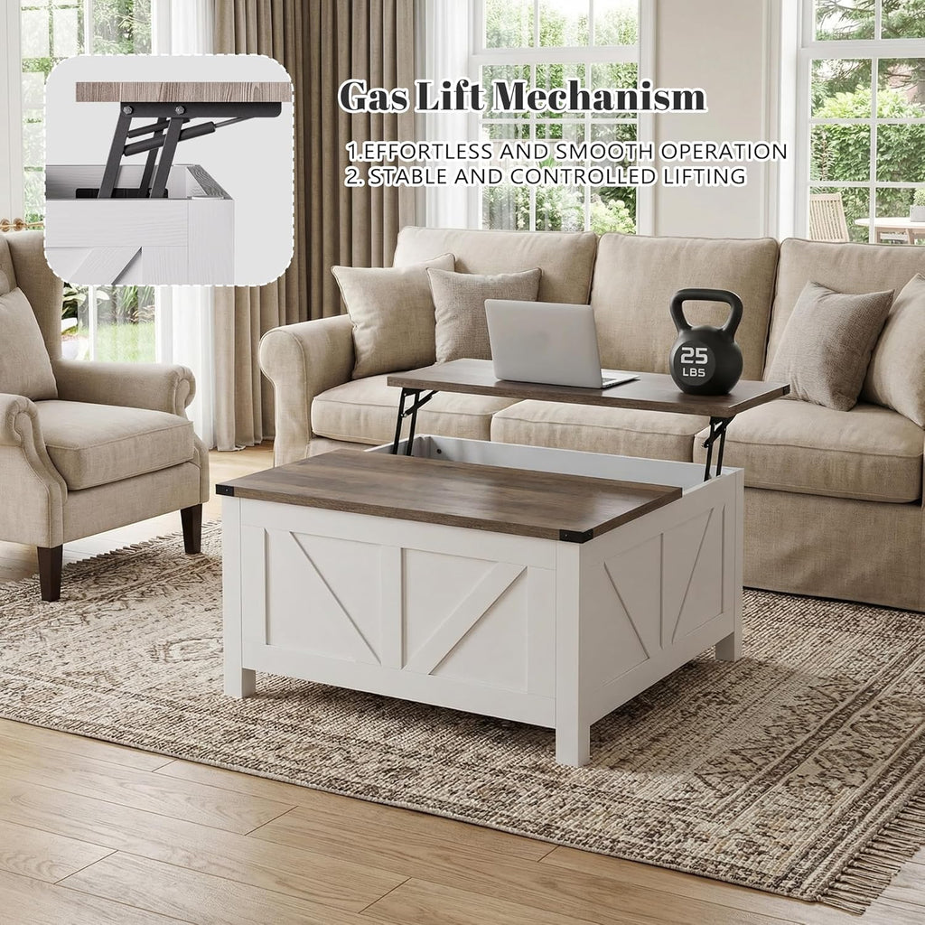 35' Farmhouse Coffee Table with Large Storage, Rustic Wood Lift Top Coffee Table for Living Room, Square Center Table with Charging Station&USB, Modern Port Pottery Barn Lift top Table