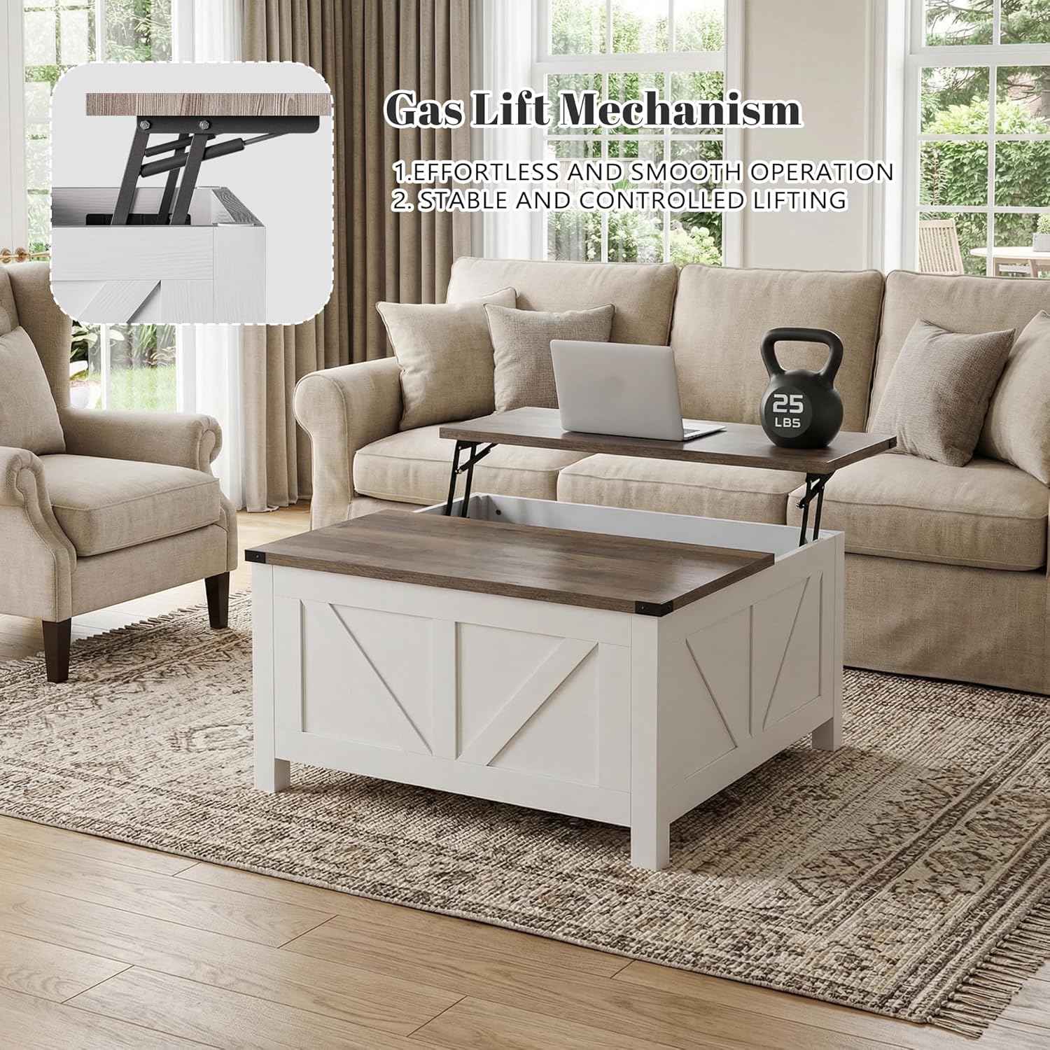 35' Farmhouse Coffee Table with Large Storage, Rustic Wood Lift Top Coffee Table for Living Room, Square Center Table with Charging Station&USB, Modern Port Pottery Barn Lift top Table