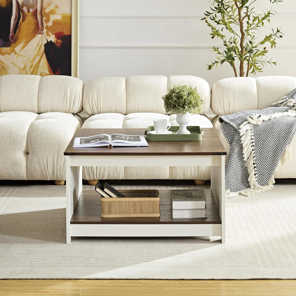 OKYCI Farmhouse Coffee Table for Living Room, Wood Square Coffee Tables, 31.5' D x 31.5' W, Antique White