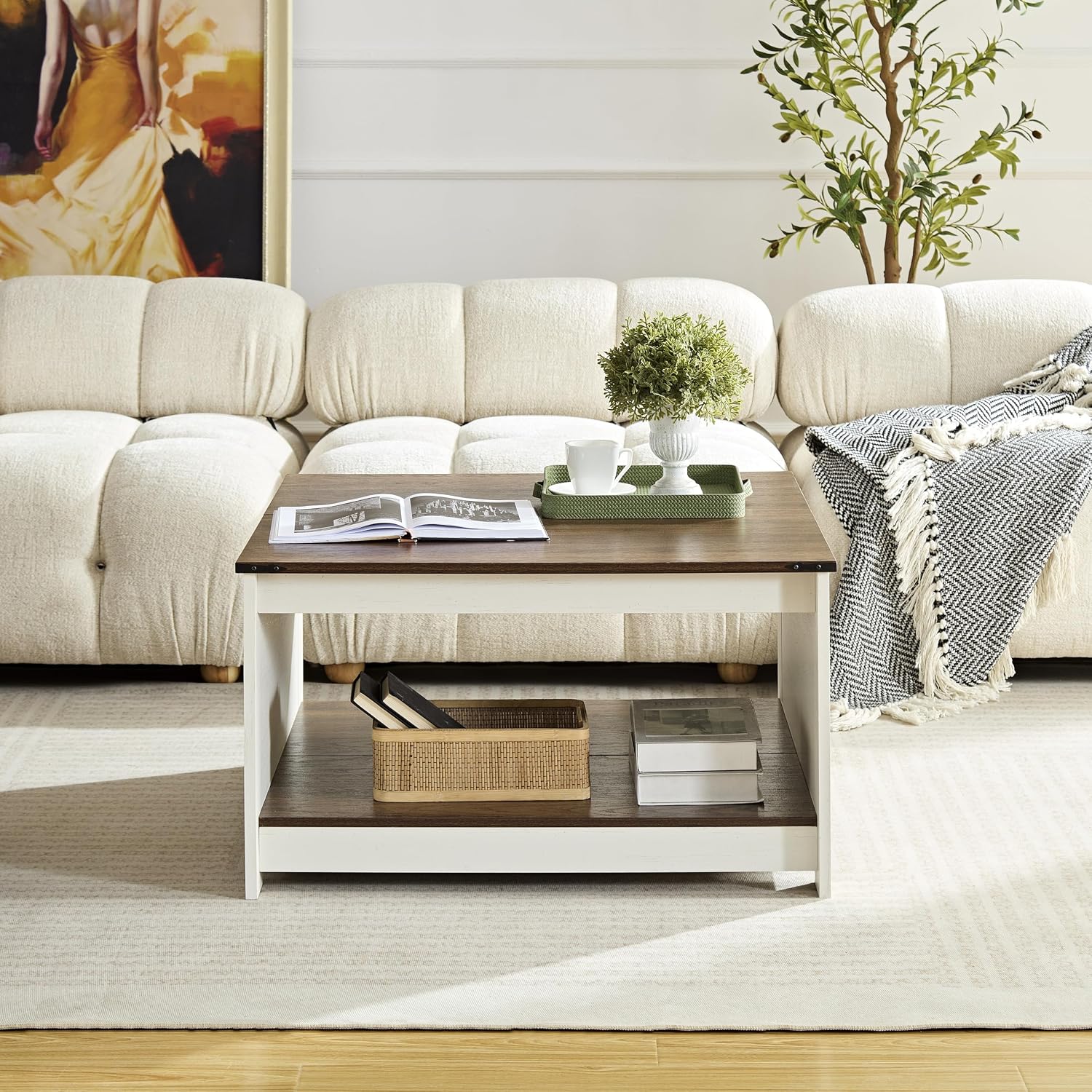 OKYCI Farmhouse Coffee Table for Living Room, Wood Square Coffee Tables, 31.5' D x 31.5' W, Antique White