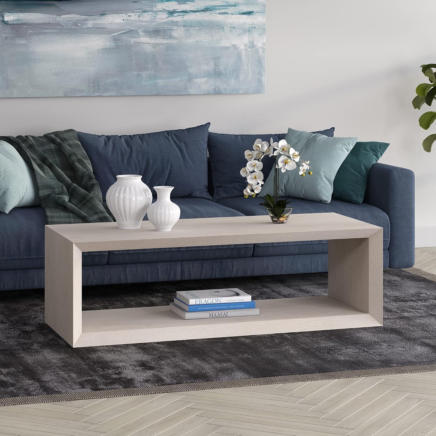 Henn&Hart 58' Rectangular Coffee Table with Open Storage Shelf for Living Room, Family Room, or Office, Beech White