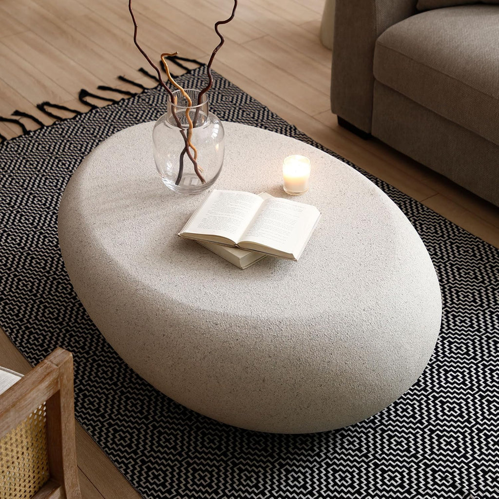 43.3' Oval Coffee Table for Living Room, Modern Faux Stone Center Table, Minimalist Accent Fiberglass Tea Table for Office Apartment, No Need Assembly, Cream White