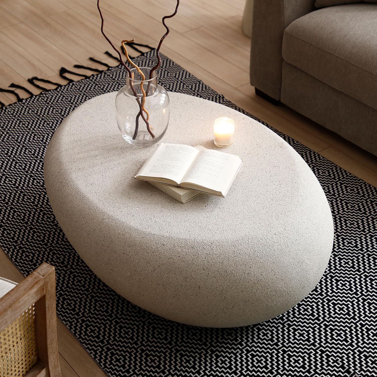 43.3' Oval Coffee Table for Living Room, Modern Faux Stone Center Table, Minimalist Accent Fiberglass Tea Table for Office Apartment, No Need Assembly, Cream White