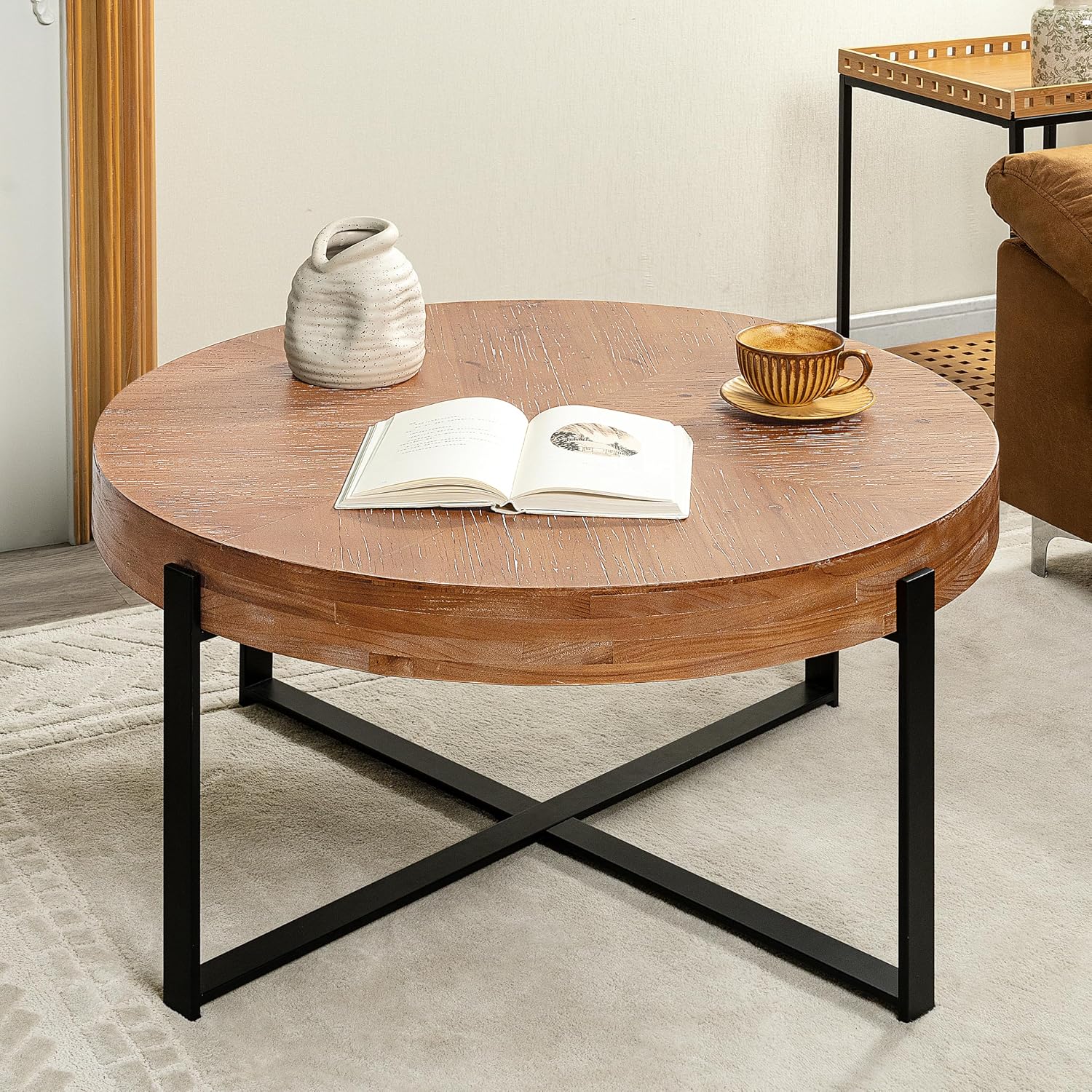 33.86' Round Coffee Table with X-Shaped Black Metal Legs, Solid Wood Circle Table for Living Room, Retro Circular Table, Natural+Black