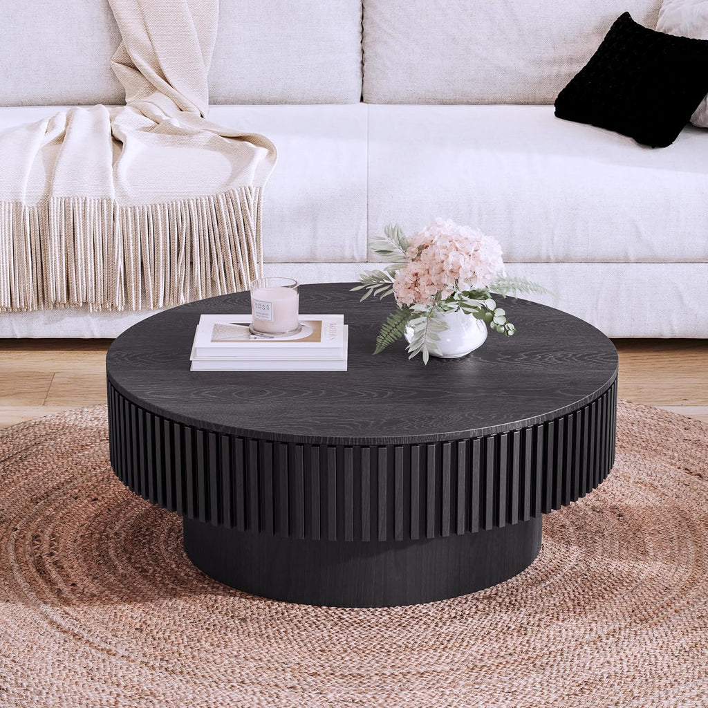31.5'' Round Coffee Table with Storage, Modern Luxury Circle Drum Center Tables with Solid Wood Veneered, Accent Side Coffee Table for Living Room, Bedroom, Apartment-Black