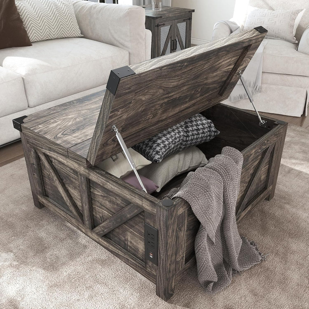 jimeimen Farmhouse Lift Top Coffee Table with Storage, Wood Square Center Table with Charging Station&USB Port, Living Room Table w/Large Hidden Space, for Living Room, Bedroom, Home Office, Dark Grey