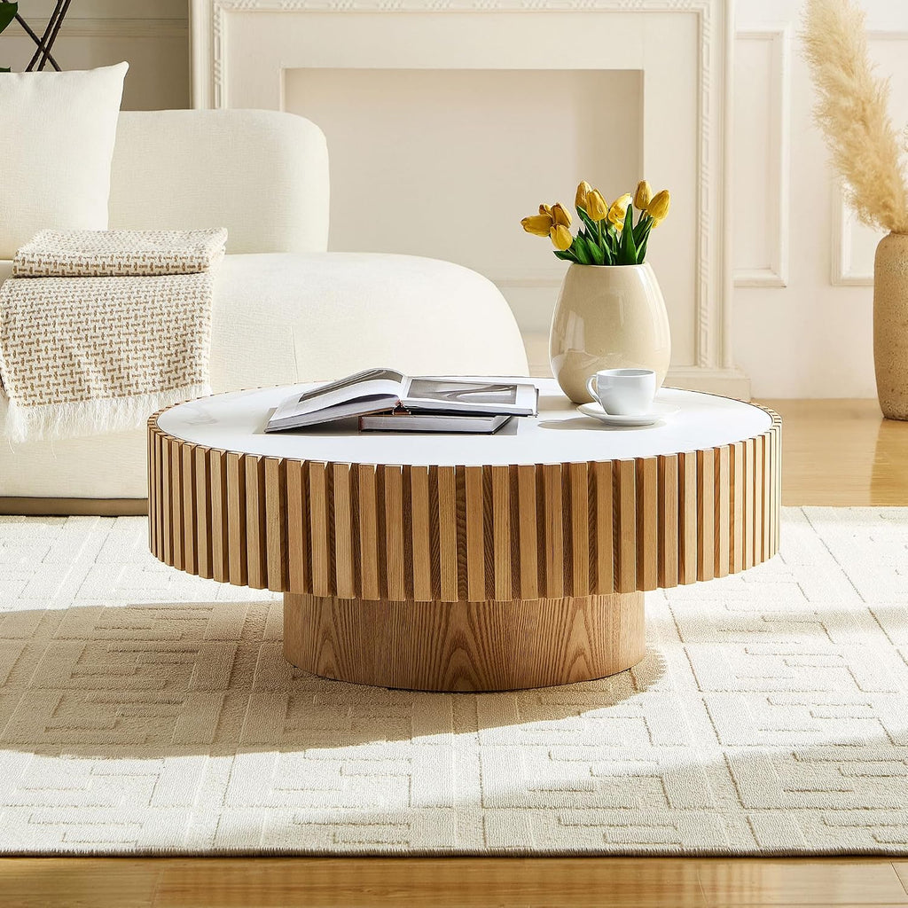 Round Coffee Table 35.43'' Circle Sintered Stone Tabletop Modern Wood Fluted Coffee Table for Living Room Apartment, Easy Assembly, Oak
