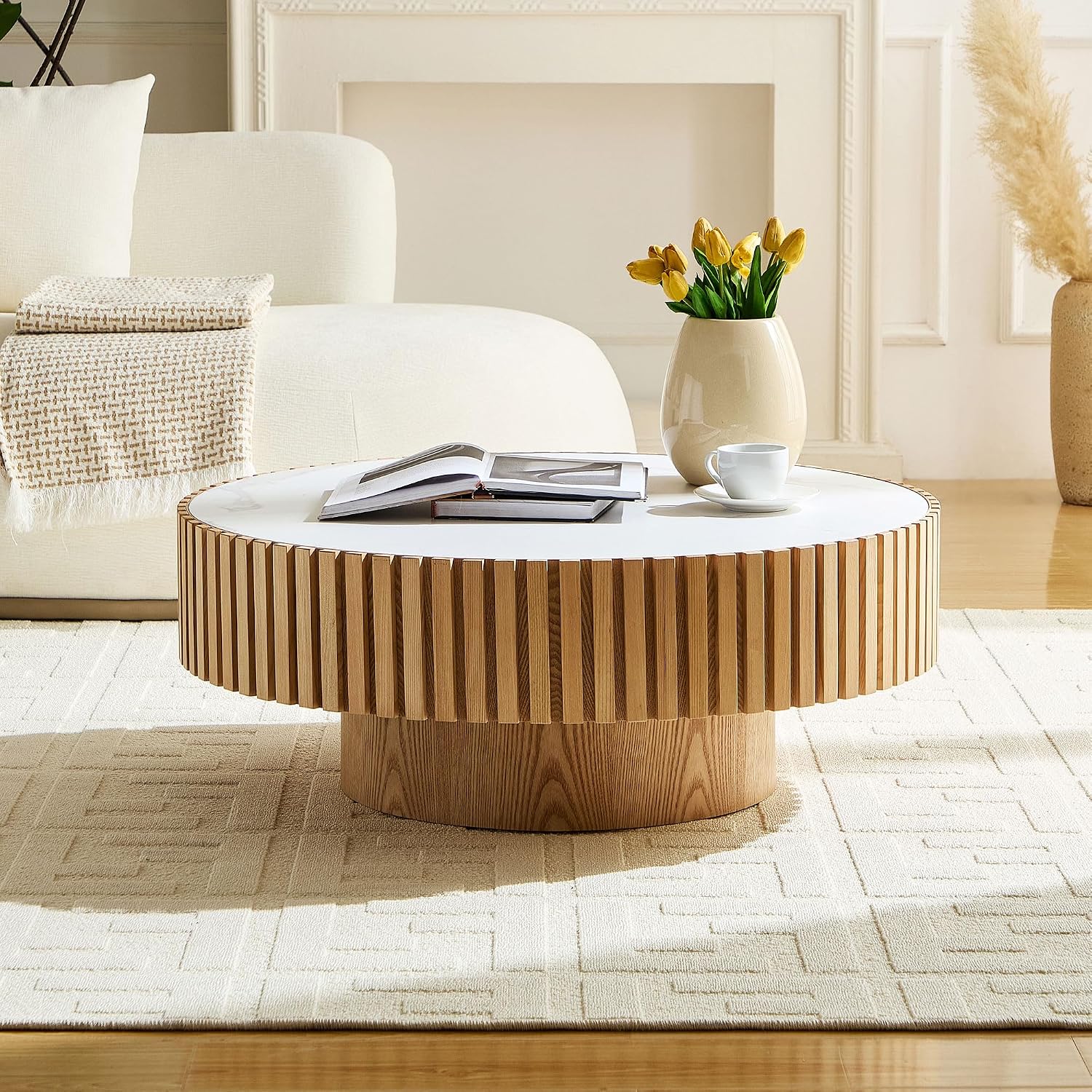 Round Coffee Table 35.43'' Circle Sintered Stone Tabletop Modern Wood Fluted Coffee Table for Living Room Apartment, Easy Assembly, Oak