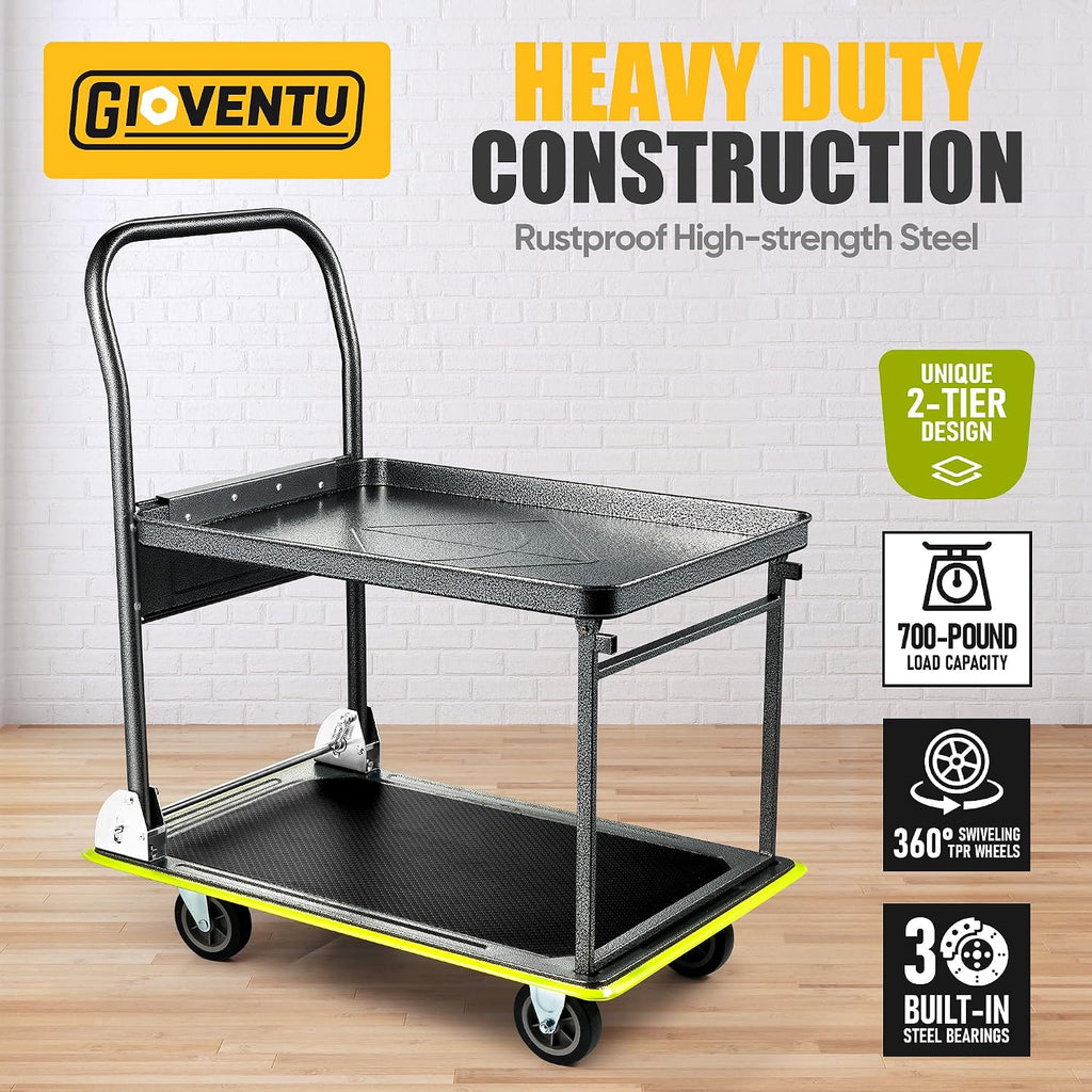 Heavy Duty Push Cart Dolly (700 lbs), Foldable Platform Hand Truck Made with High-Strength Steel, 2 Tier Design, Moving Flatbed Cart with Wheels for Warehouse, Garage, Workshop, Office