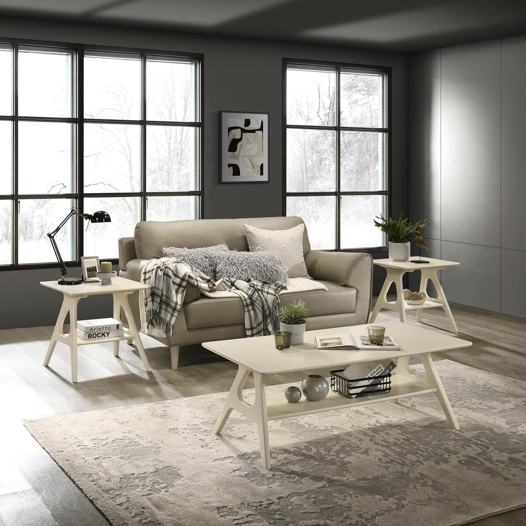 Roundhill Furniture Arona 3-Piece Coffee Table Set, Coffee Table and Two End Tables, Off-White Finish