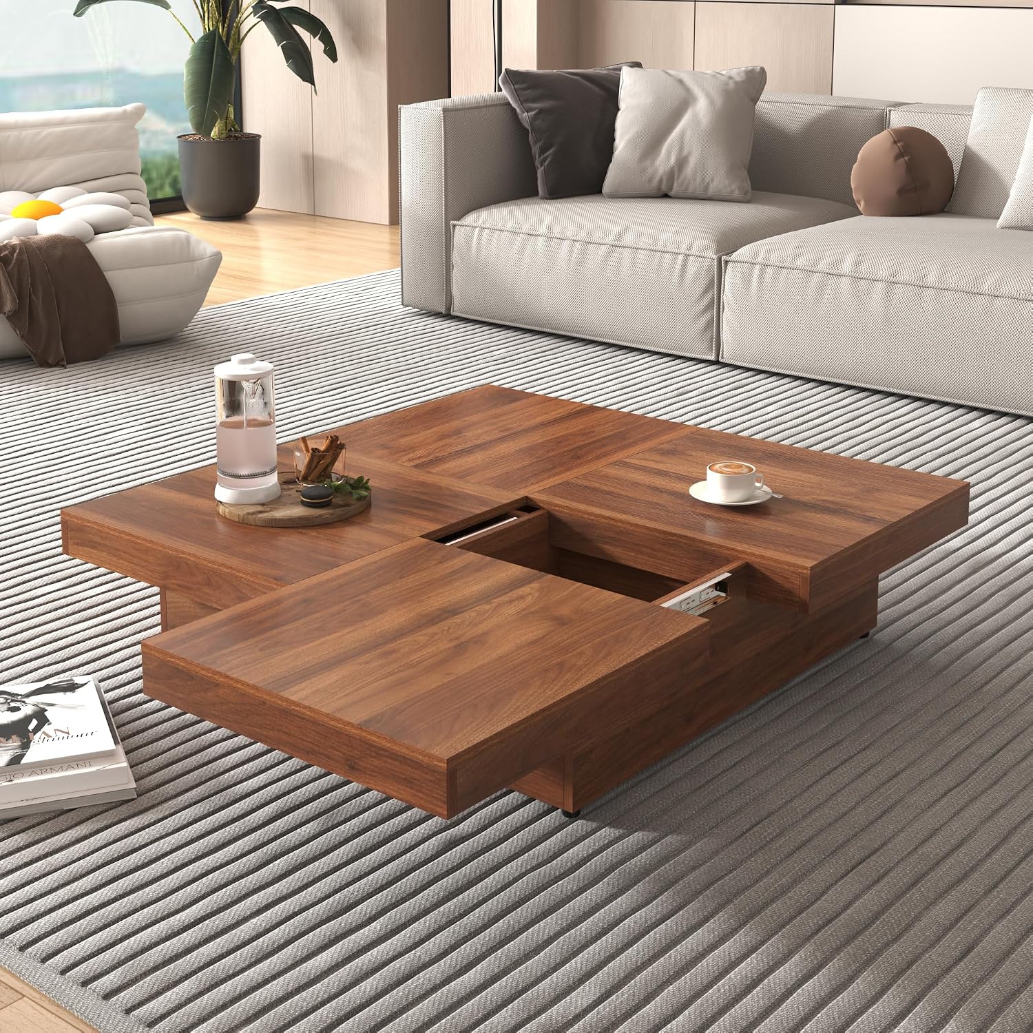 Merax Coffee Table, Modern Extendable Coffee Table with 4 Hidden Storage Compartments, UV High-Gloss Square Center Cocktail Table with Sliding Tabletop for Living Room, 39.4'x 39.4' (Walnut)