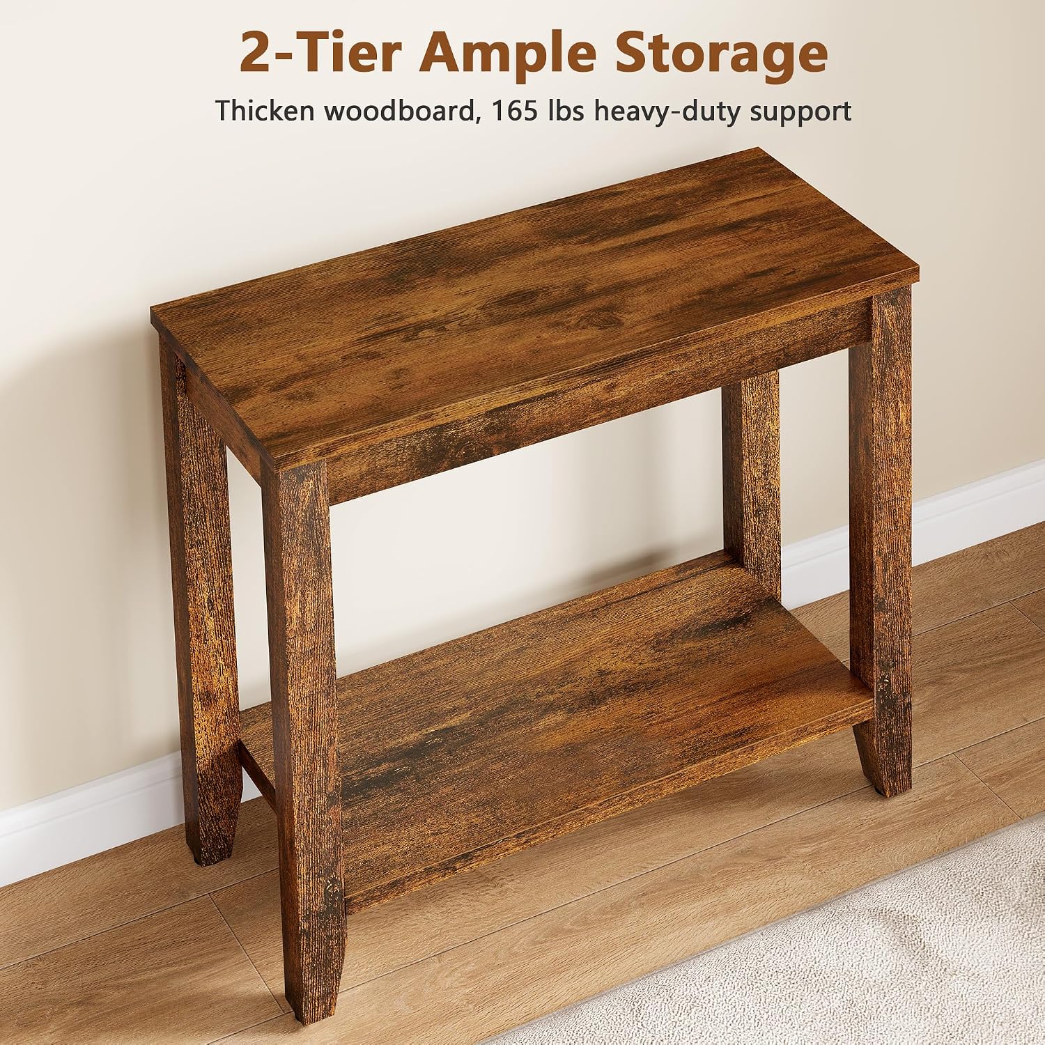 Hoctieon End Table with Double Storage Shelves, Sturdy Wooden Side Table for Living Room, Bedroom, Modern Nightstand Sofa Table for Small Spaces, Rustic Brown, Set of 2