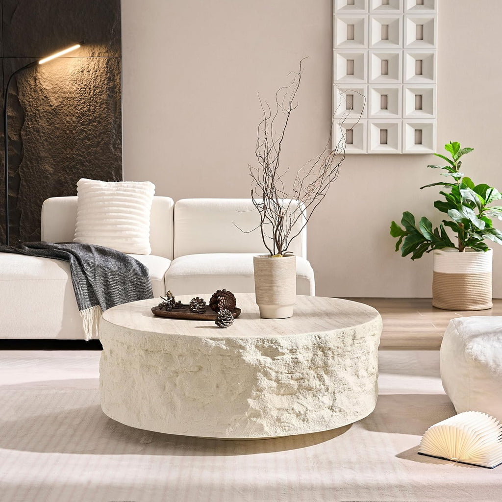 Round Coffee Table for Living Room Circle Coffee Table Modern Drum Center Table for Apartment, No Need Assembly (Fiberglass 35.43'' Cement Stone Pattern) | for Living Room