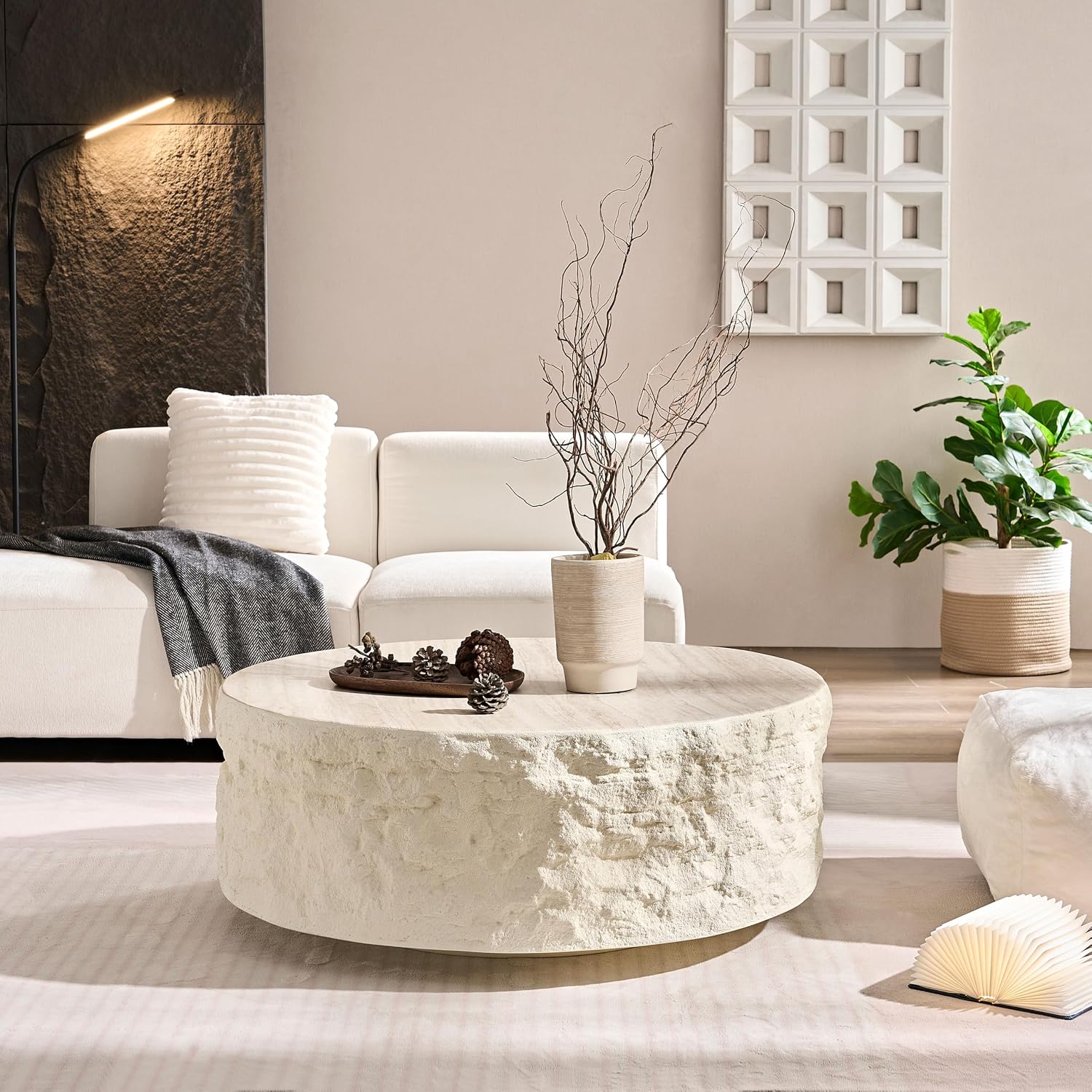 Round Coffee Table for Living Room Circle Coffee Table Modern Drum Center Table for Apartment, No Need Assembly (Fiberglass 35.43'' Cement Stone Pattern) | for Living Room