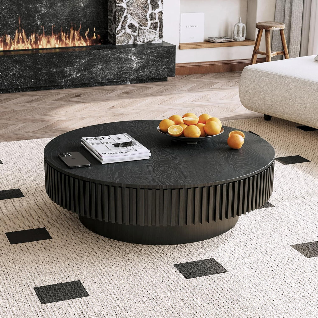 39.37' Round Coffee Table with Storage for Living Room Wood Coffee Table Contemporary Circle Center Table for Apartment, Easy Assembly, Black