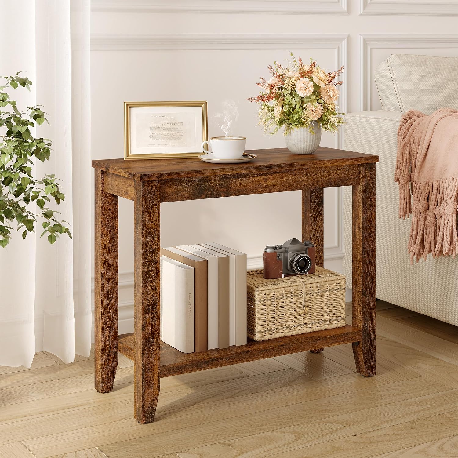 Hoctieon End Table with Double Storage Shelves, Sturdy Wooden Side Table for Living Room, Bedroom, Modern Nightstand Sofa Table for Small Spaces, Rustic Brown, Set of 2