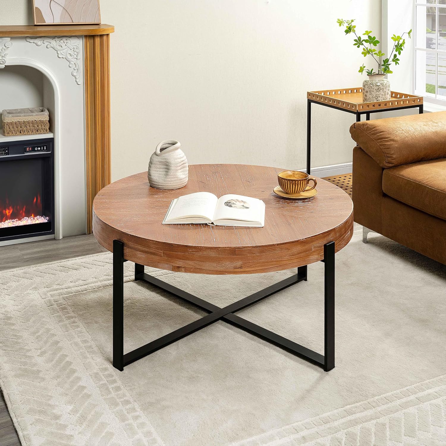 33.86' Round Coffee Table with X-Shaped Black Metal Legs, Solid Wood Circle Table for Living Room, Retro Circular Table, Natural+Black