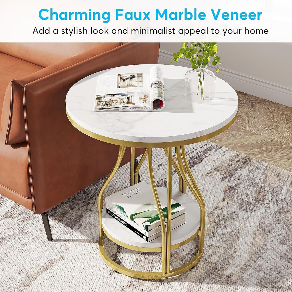 Tribesigns Round Side End Table 2-Tier End Tables Modern Bedside Table Small Chairside Tables with Storage for Couch Side, Nightstand with Metal Frame for Living Room (2 pcs, White+Gold)