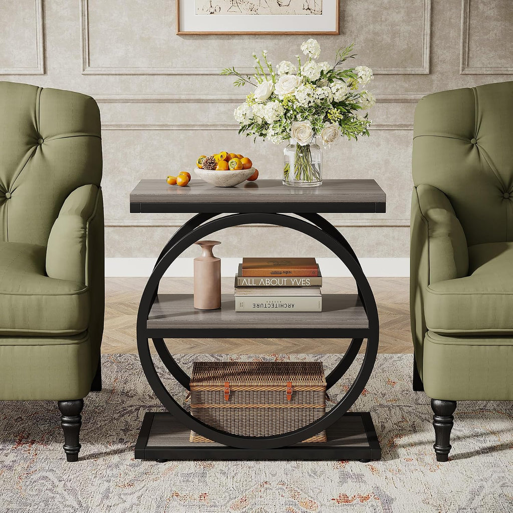 Tribesigns End Table Set of 2, Narrow End Table with 3 Storage Shelves, Wooden Side Table with Metal Frame, Small Sofa Side Table for Living Room, Grey Nightstand and Bedside Table for Bedroom