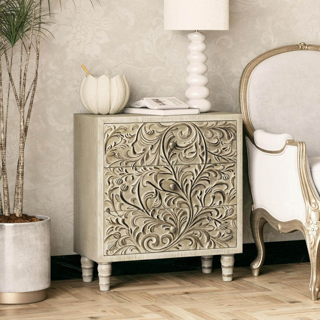 3 Drawer Farmhouse Dresser with Embossed Weathered Flower Motif, Vintage Nightstand for Bedroom, Almost Fully-Assembled, Boho, Weathered White
