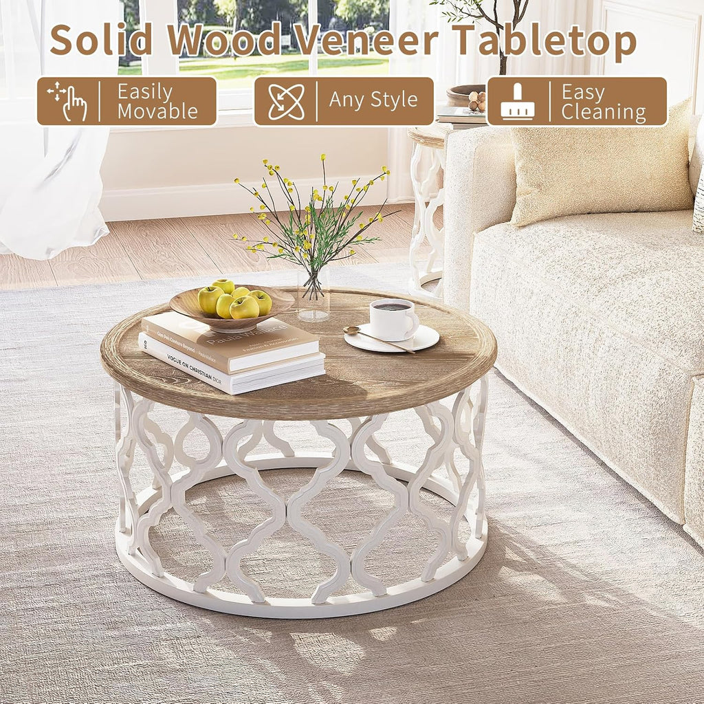Farmhouse Coffee Table, French Country Round Coffee Table with Distressed Tray Top, Coastal Coffee Table with Curved Motif Frame Base, Boho Center Table for Living Room, Dining Room, Bedroom, Beige