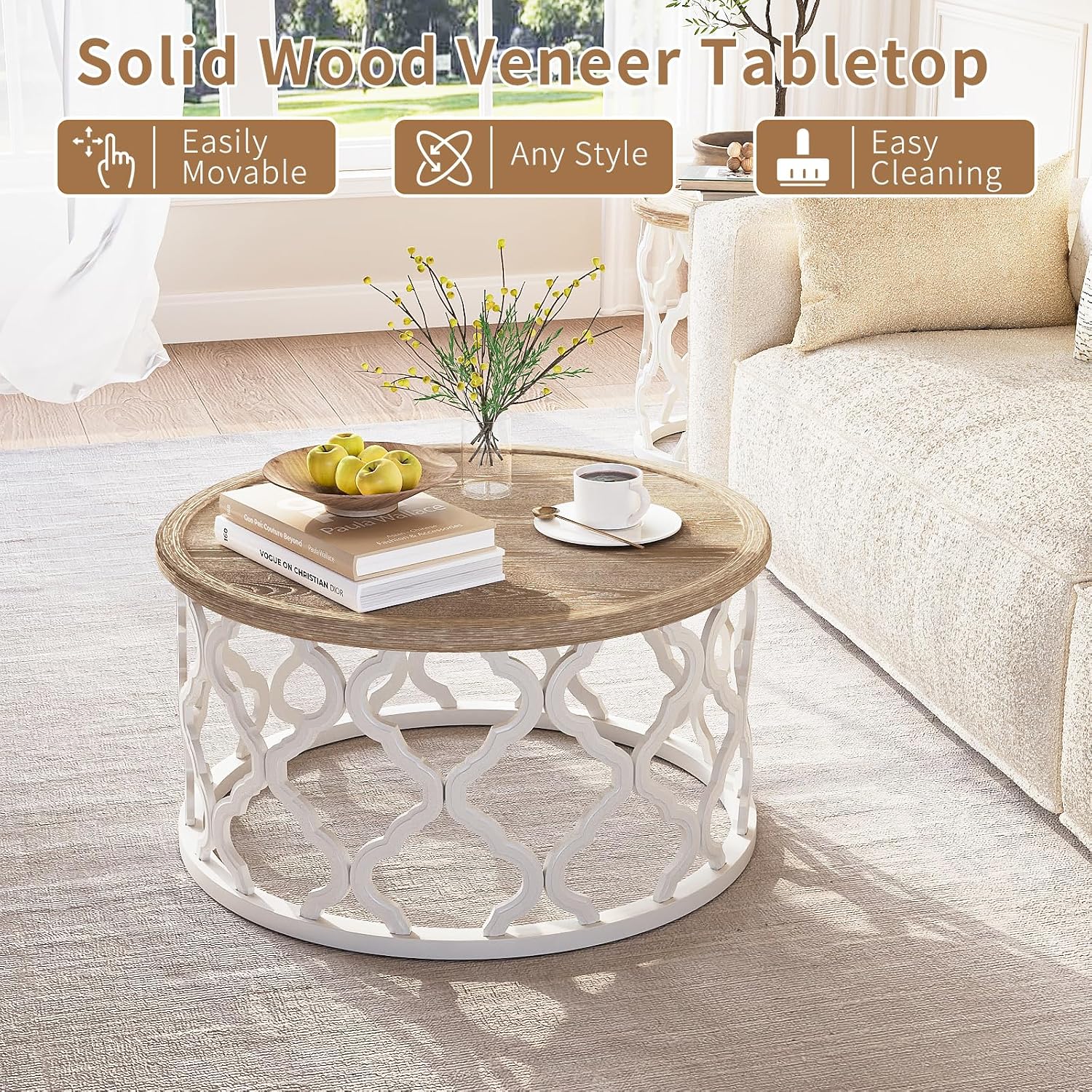 Farmhouse Coffee Table, French Country Round Coffee Table with Distressed Tray Top, Coastal Coffee Table with Curved Motif Frame Base, Boho Center Table for Living Room, Dining Room, Bedroom, Beige