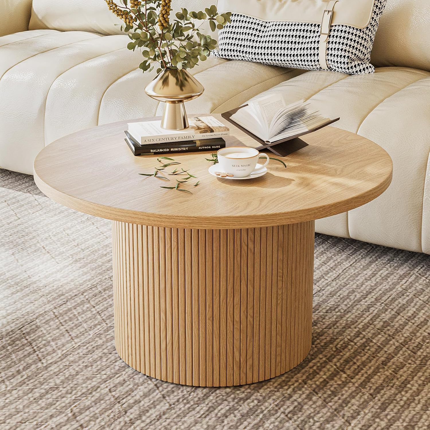 MAISONARIA Round Coffee Table with Metal Frame, 35.4' Coffee Tables for Living Room, Circle Wood Accent Center Table for Apartment, Oak