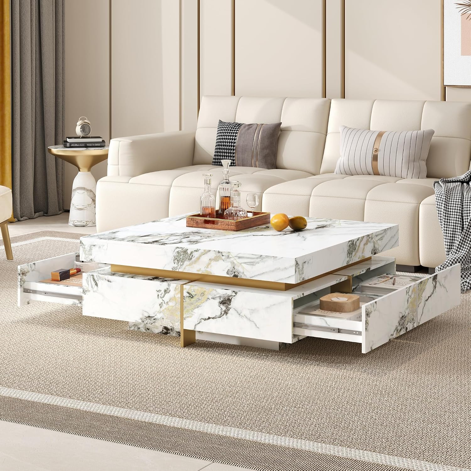 Merax 43.3 Inch Modern Large Square Coffee Table with Marble Textured Top, 4 Built-in Drawers Ample Storage and Floating Suspended Base, Modern Elegance White MDF Storage Center Table for Living Room