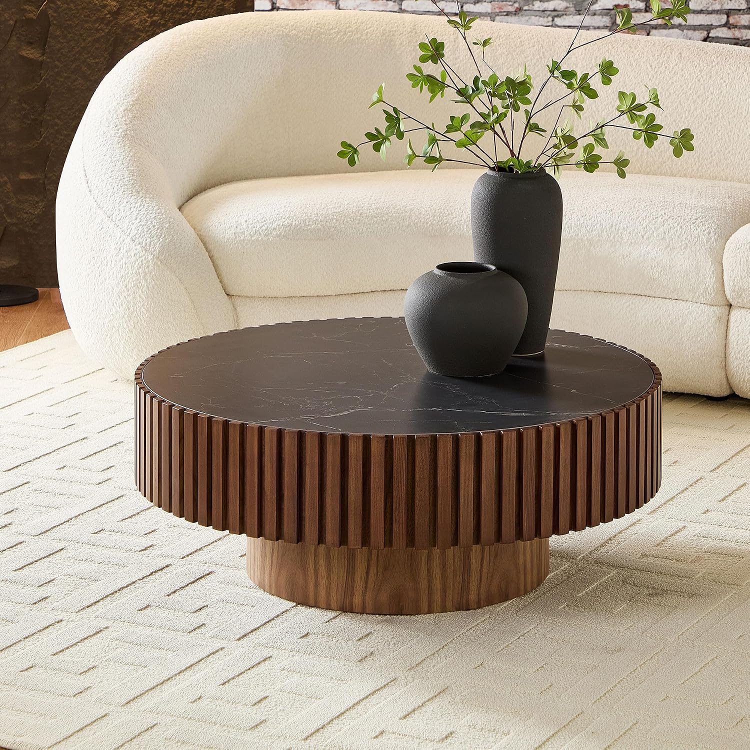 35.43'' Round Coffee Table with Faux Marble Tabletop, Modern Drum Center Coffee Tables Luxury Circle Coffee Table for Bedroom,Apartment,Living Room-Walnut