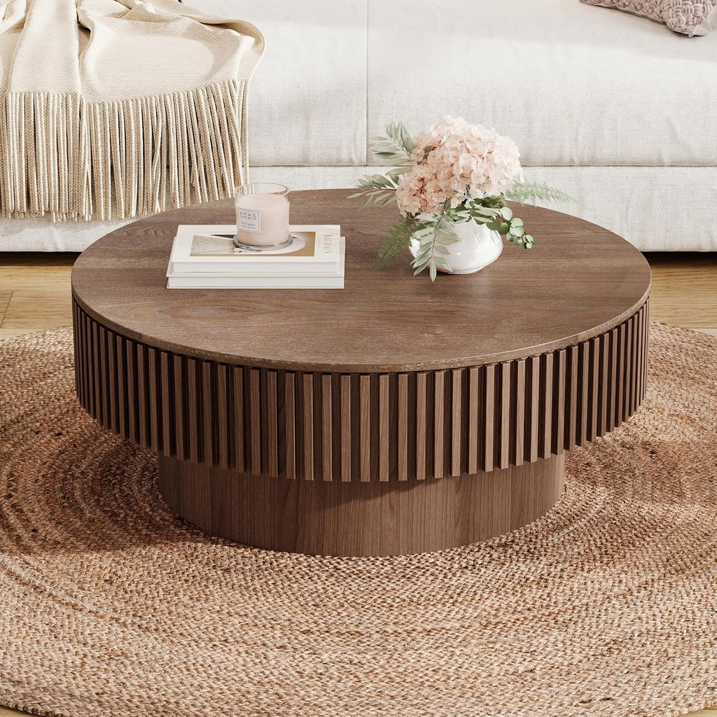 Round Coffee Table with Storage, Modern Handcraft Drum Coffee Table Wood Circle Center Table for Living Room Apartment, 31.49' Walnut